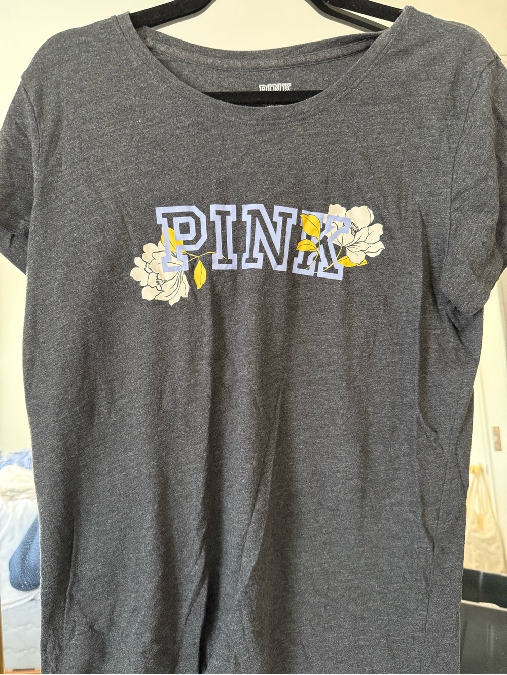 SOLD PINK Victoria's Secret Charcoal Gray Logo Tee with Floral Accent